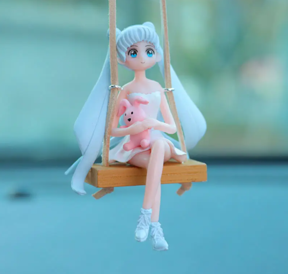 YOURKARTS.COM Car Mirror Hanging Anime Girls Showpiece, Office Desk Decor (Light Blue Hair)