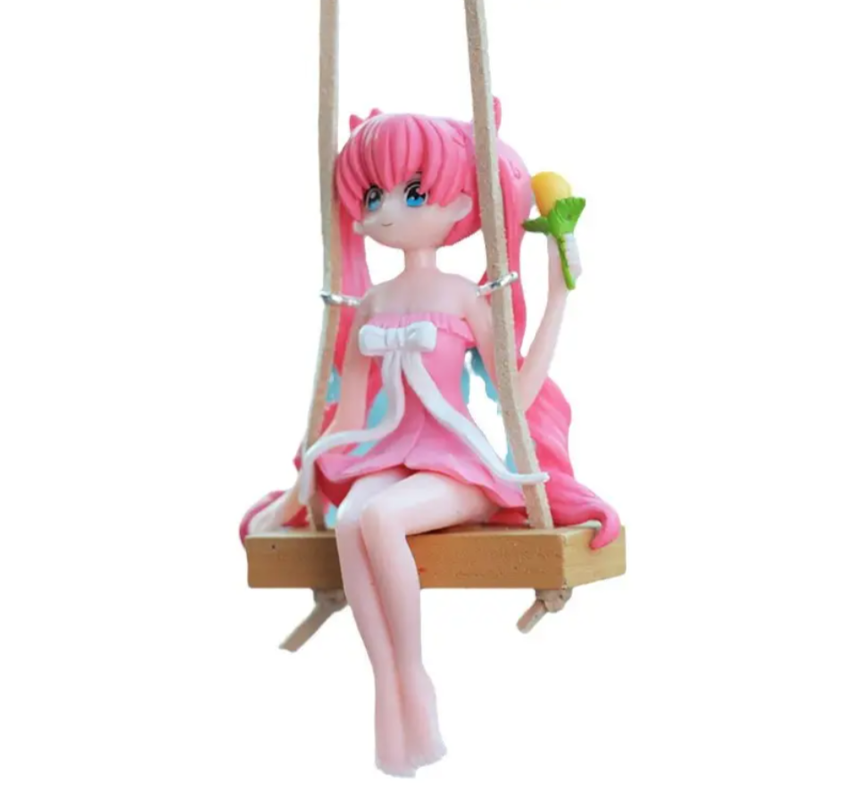 YOURKARTS.COM Car Mirror Hanging Anime Girls Showpiece, Office Desk Decor (Pink Hair)