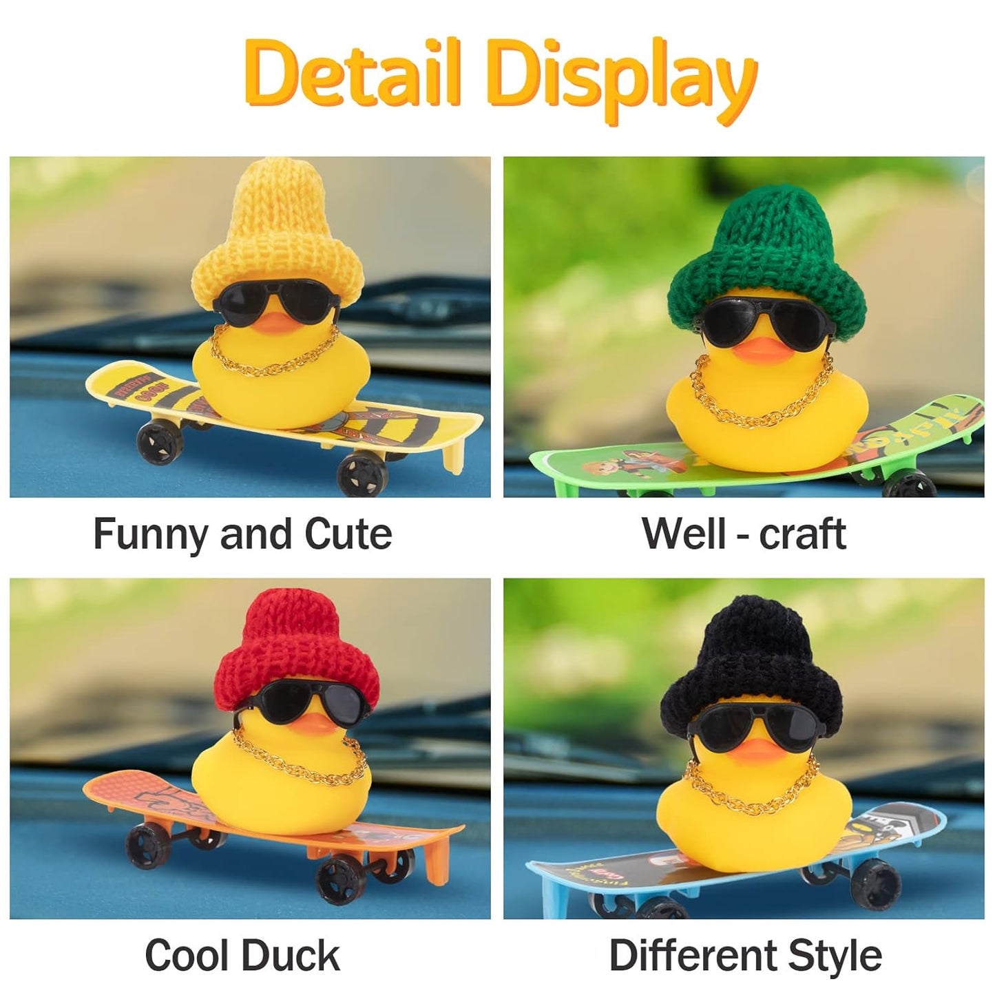 YOURKARTS.COM Cute Duck & Warrior Design Car Dashboard Accessory, Pack of 3 Adorable Toy (Skateboard Duck)