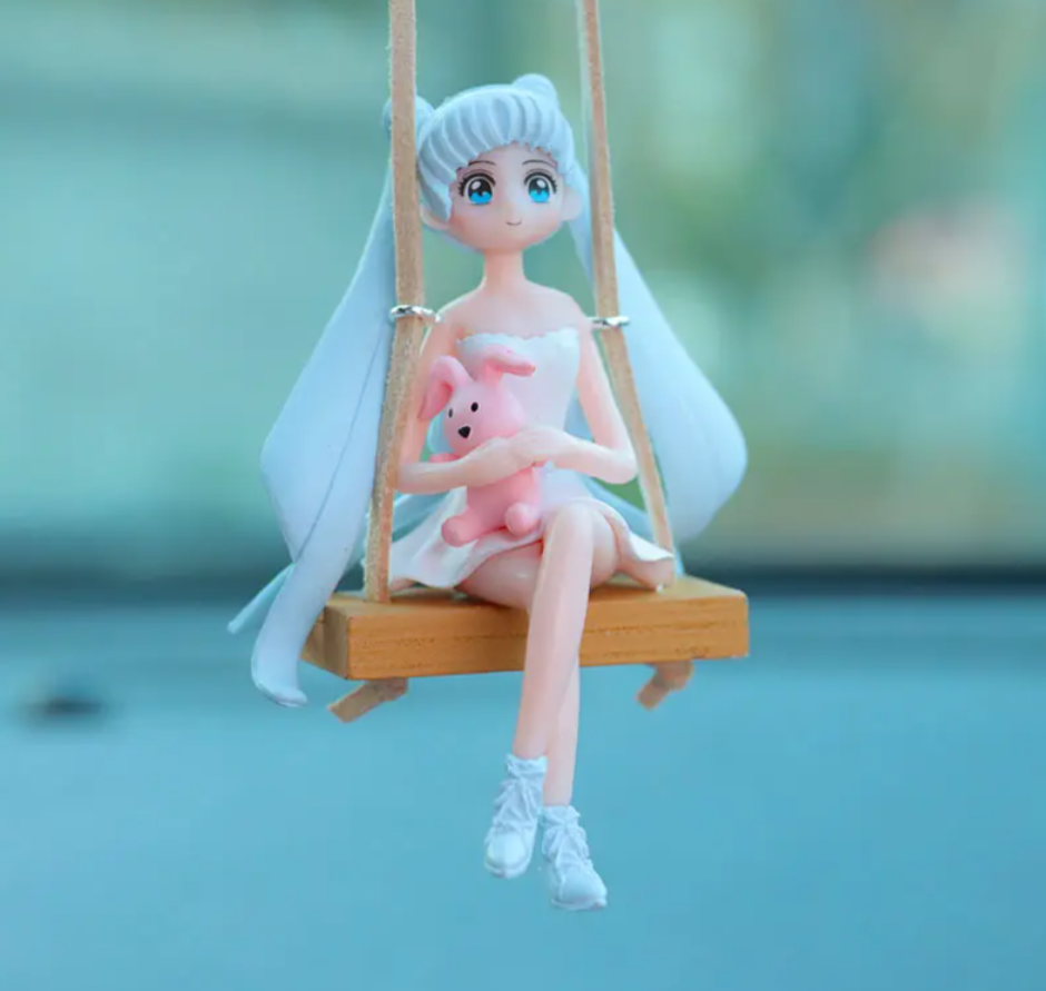 YOURKARTS.COM Car Mirror Hanging Anime Girls Showpiece, Office Desk Decor (Light Blue Hair)