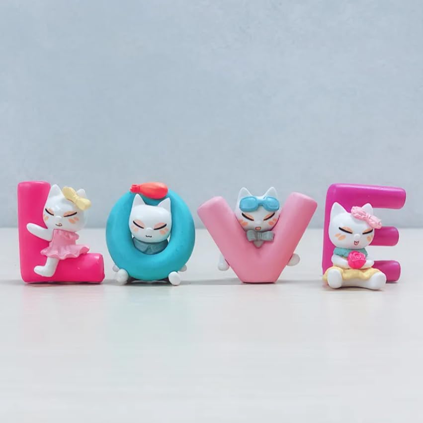 YOURKARTS.COM Cute Cat Figurine Letter Set, Love Decorative Display, Pink and Blue, for Car Dashboard, Kids Room & Decor