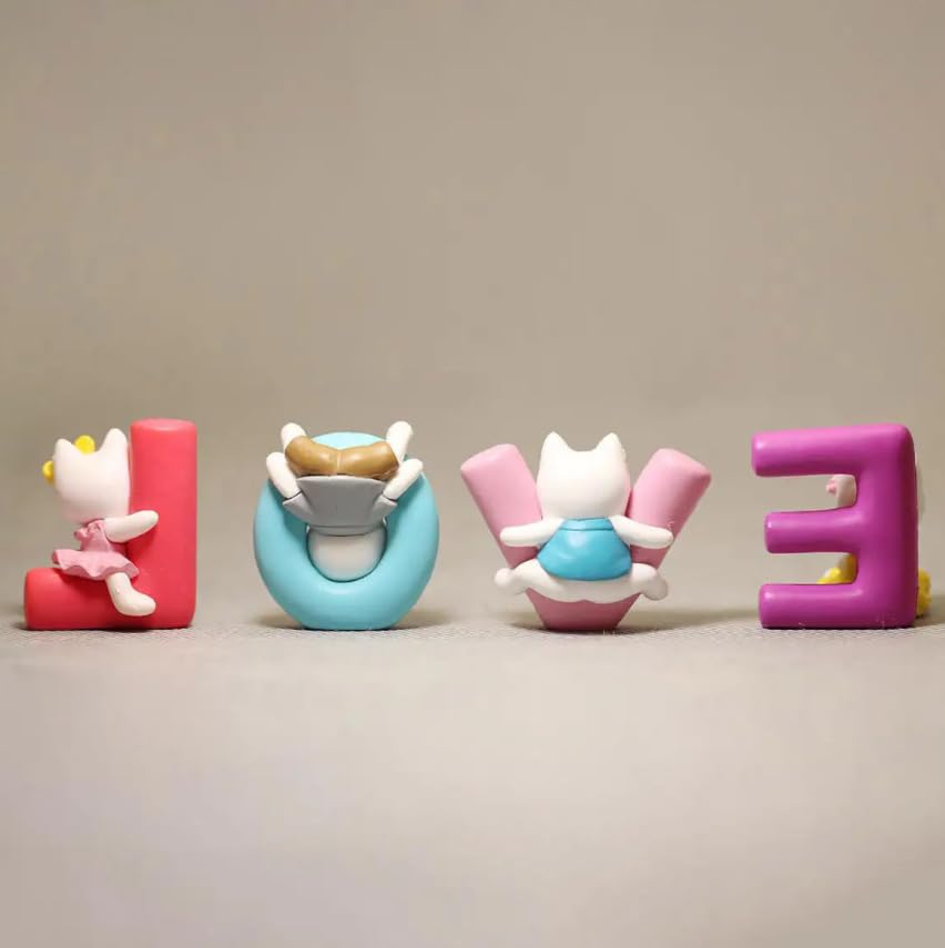 YOURKARTS.COM Cute Cat Figurine Letter Set, Love Decorative Display, Pink and Blue, for Car Dashboard, Kids Room & Decor