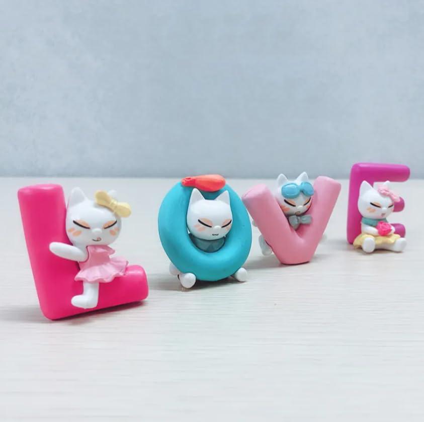 YOURKARTS.COM Cute Cat Figurine Letter Set, Love Decorative Display, Pink and Blue, for Car Dashboard, Kids Room & Decor