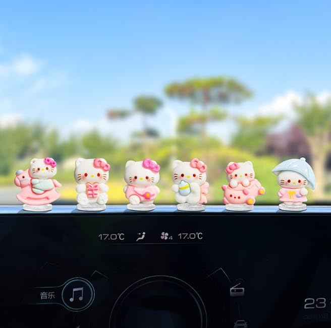 YOURKARTS.COM Hello Kitty Collectible Figurines for Car Dashboard & Table top, Mini Kawaii Design, Set of 6, Assorted Accessories