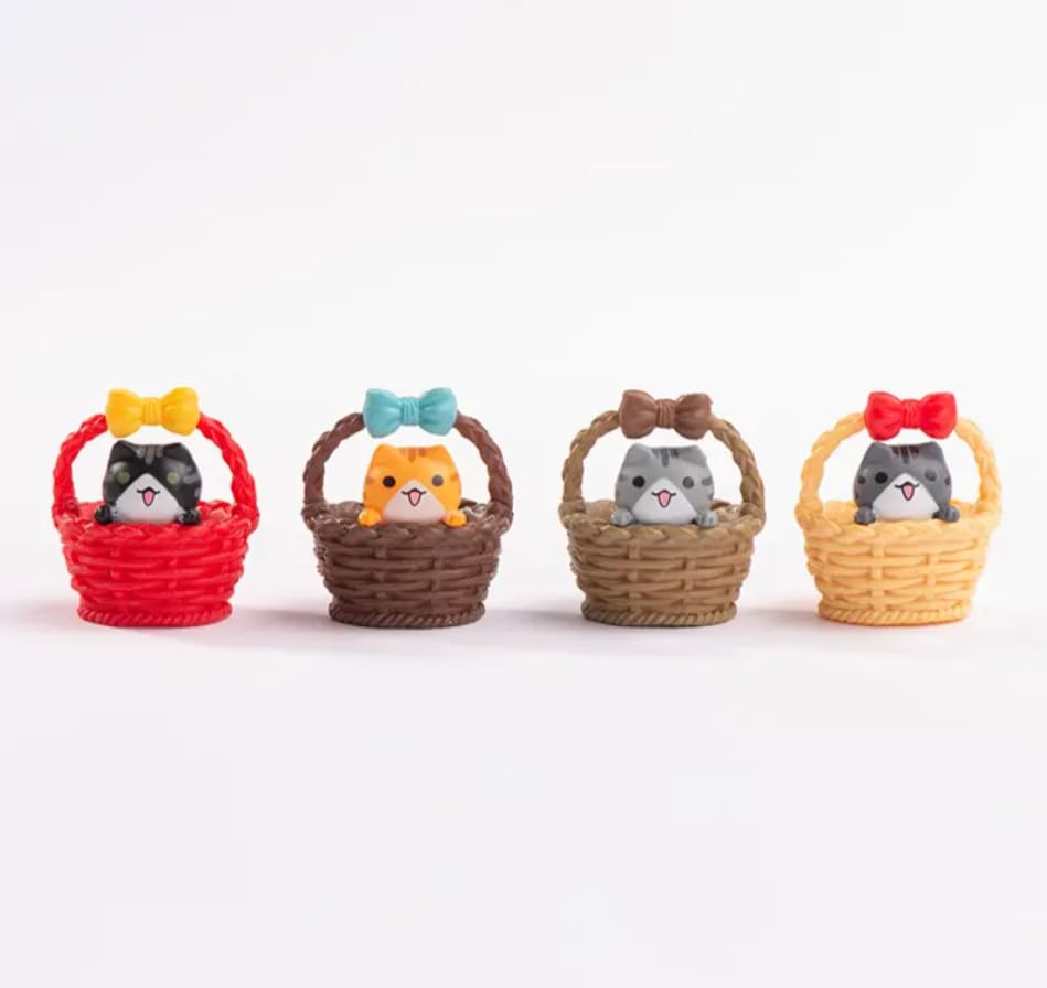 YOUKRARTS.COM Cute Cat Figurines in Decorative Baskets with Bows, Set of 4, Miniature Collectibles