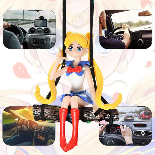 YOURKARTS.COM Car Mirror Hanging Anime Girls Showpiece, Office Desk Decor (Yellow Hair)