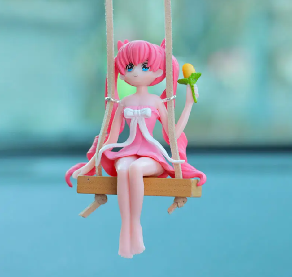 YOURKARTS.COM Car Mirror Hanging Anime Girls Showpiece, Office Desk Decor (Pink Hair)