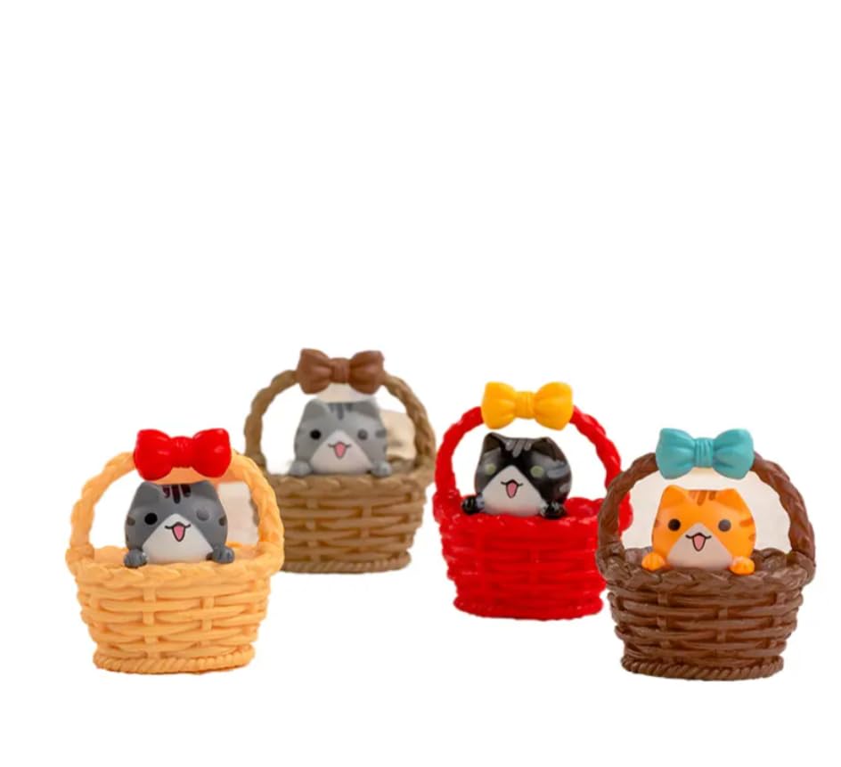 YOUKRARTS.COM Cute Cat Figurines in Decorative Baskets with Bows, Set of 4, Miniature Collectibles