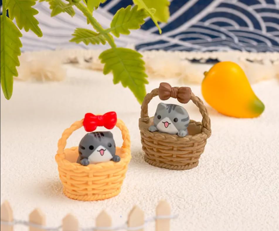 YOUKRARTS.COM Cute Cat Figurines in Decorative Baskets with Bows, Set of 4, Miniature Collectibles