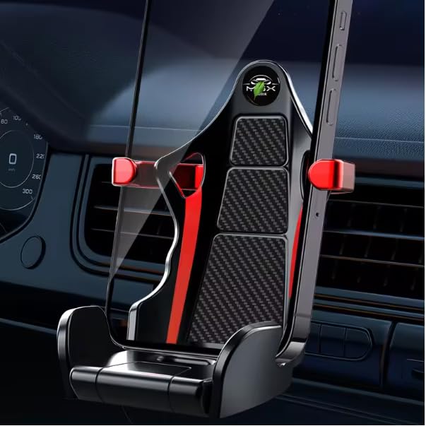 YOURKARTS.COM Car Phone Holder Mount, Racing Seat Design with Carbon Fiber Pattern, Air Vent Clip, Adjustable Grip, Red and Black