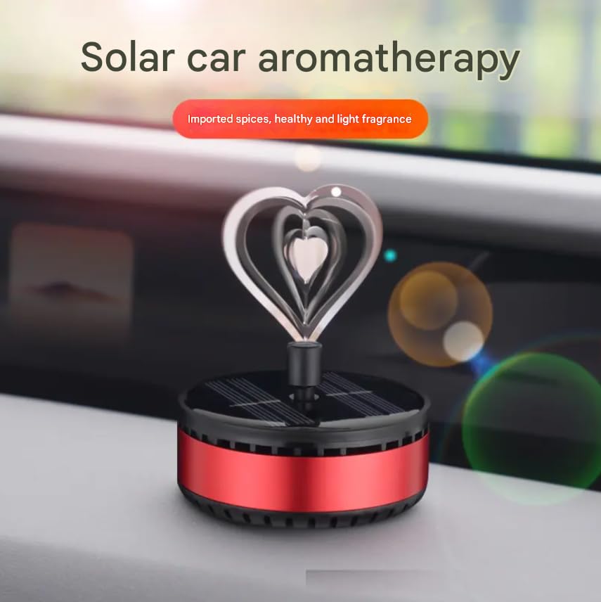 YOURKARTS.COM Solar Powered Car Air Freshener with Heart-Shaped LED Light, Red and Black, Rotating Design