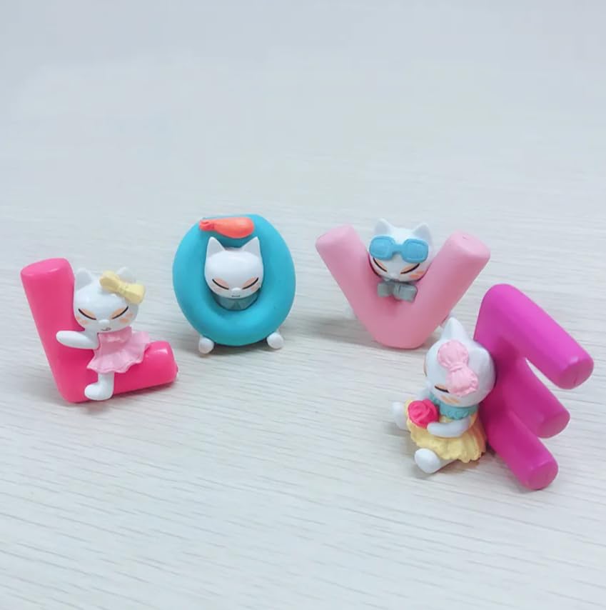 YOURKARTS.COM Cute Cat Figurine Letter Set, Love Decorative Display, Pink and Blue, for Car Dashboard, Kids Room & Decor
