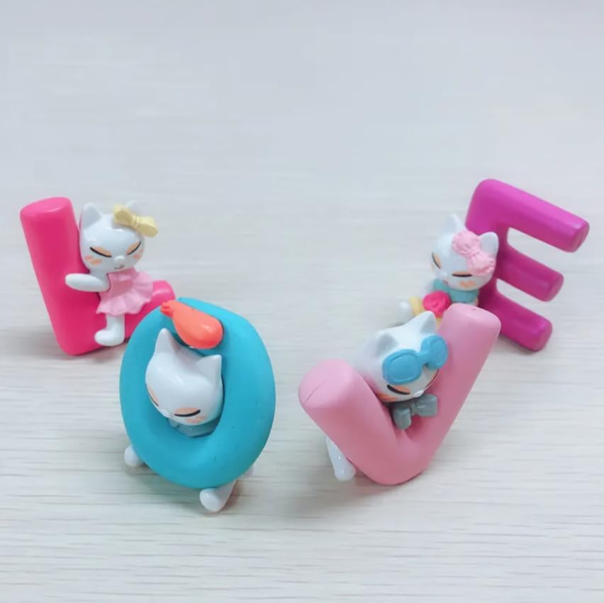 YOURKARTS.COM Cute Cat Figurine Letter Set, Love Decorative Display, Pink and Blue, for Car Dashboard, Kids Room & Decor