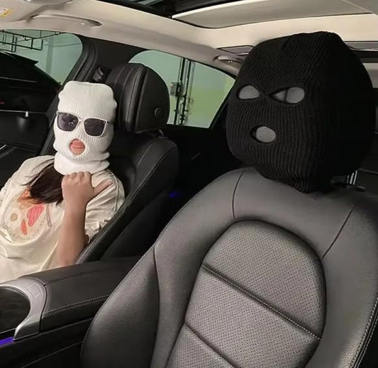 YOURKARTS.COM Car Seat Headrest Full Face Cover – Funny Ski Mask Hat Design with Anti-Ash Protection for Car Seats-White (Pack of 2-White)