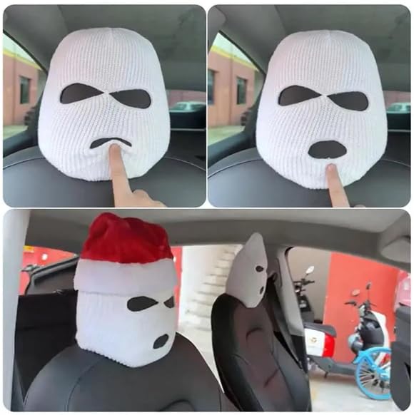 YOURKARTS.COM Car Seat Headrest Full Face Cover – Funny Ski Mask Hat Design with Anti-Ash Protection for Car Seats-White (Pack of 2-White)