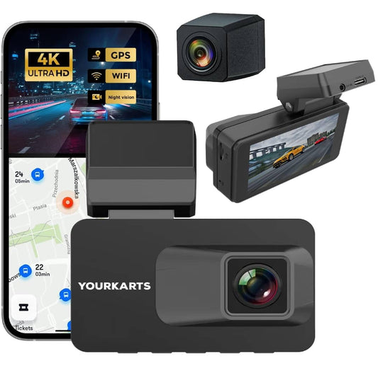 YOURKARTS.COM M18 4K Front 4MP REAR2MP with 3" Screen, ADAS, BSD, GPS Logger, WiFi, Night Vision, Rear Camera, Loop Recording, WDR, G-Sensor, 256GB Support – 18-Month Warranty