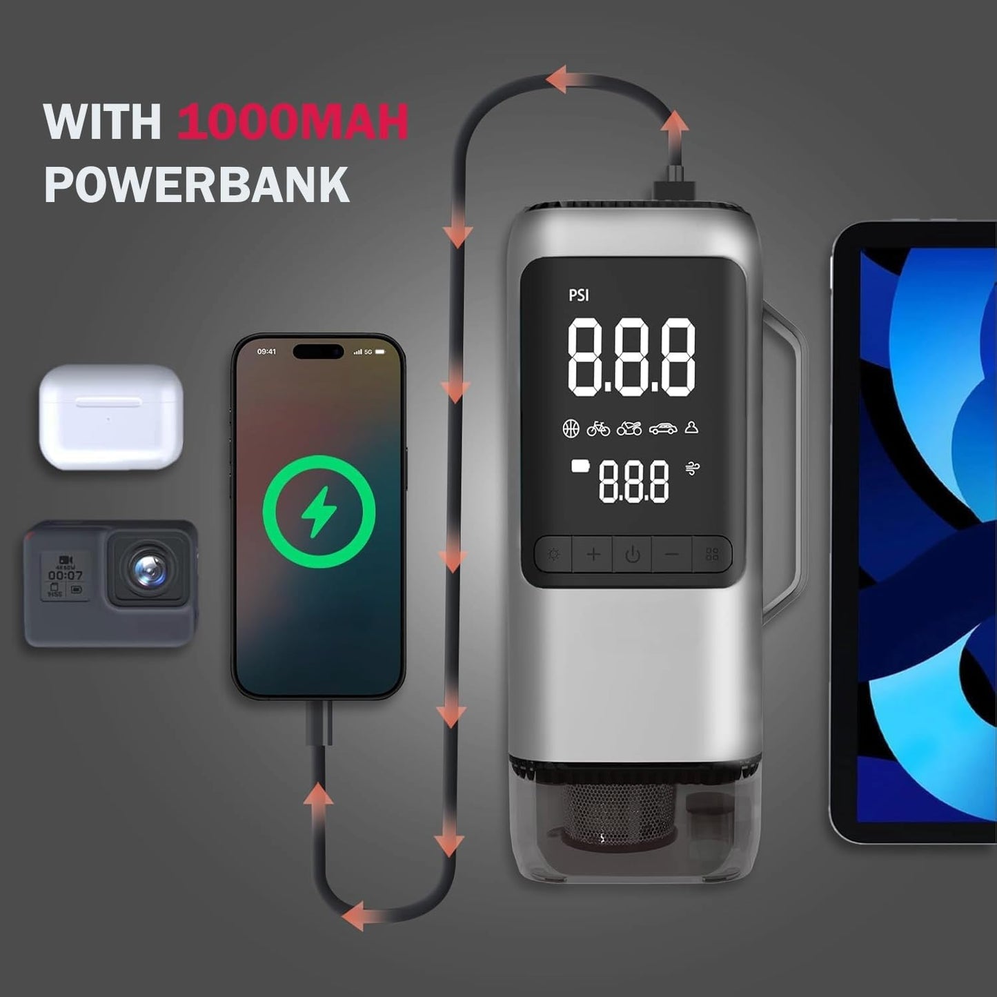 YOURKARTS.COM Q27|10,000 mAh | 4-in-1 Car Emergency Tool – 150 PSI Tyre Inflator, 5000 Pa Vacuum Cleaner & 3000 A Peak Jump Starter | Power Bank with Smart LCD & Safety Protection