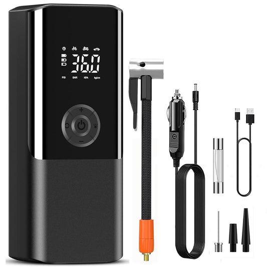 YOURKARTS.COM Tyre inflator Use as Corded & Cordless for Cars & Bikes|150 PSI|4500 MAH Battery|LED Flash Light|Mobile Charger C Port|Digital Display|Multiple Nozzles|Auto Cut|18 Months Warranty