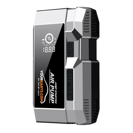 YOURKARTS.COM 2-in-1 Car Jump Starter & Tyre Inflator – 8000mAh, 600A Start/1200A Peak, Dual USB Output, LED Flashlight, Air Compressor (Q-7 2-in-1 Car Jump Starter & Tyre Inflator 600A)