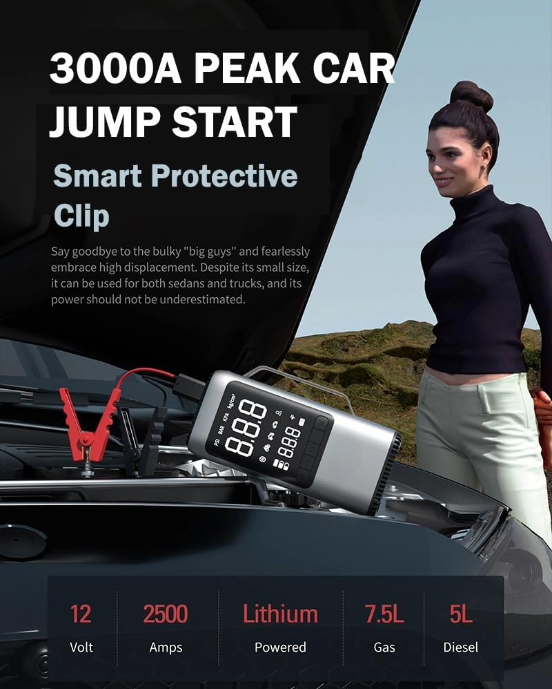 YOURKARTS.COM Q27|10,000 mAh | 4-in-1 Car Emergency Tool – 150 PSI Tyre Inflator, 5000 Pa Vacuum Cleaner & 3000 A Peak Jump Starter | Power Bank with Smart LCD & Safety Protection