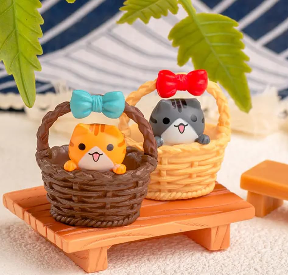 YOUKRARTS.COM Cute Cat Figurines in Decorative Baskets with Bows, Set of 4, Miniature Collectibles