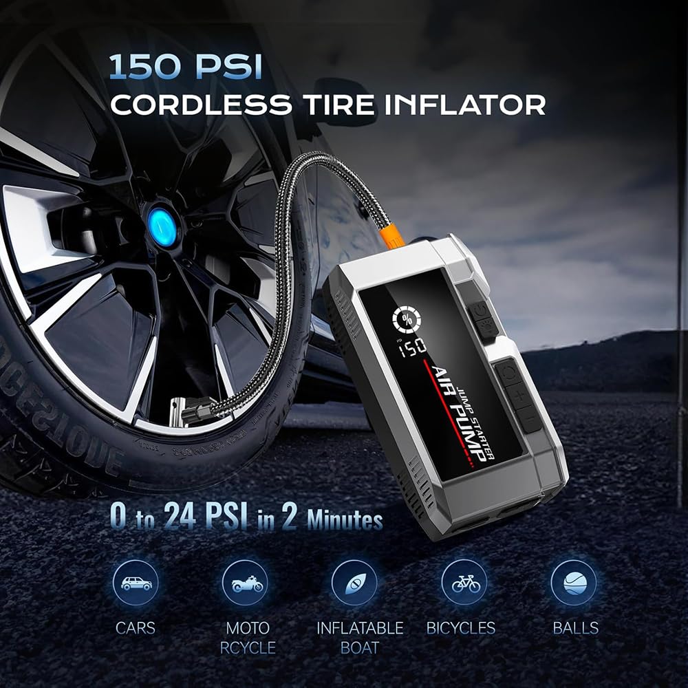 YOURKARTS.COM 2-in-1 Car Jump Starter & Tyre Inflator – 8000mAh, 600A Start/1200A Peak, Dual USB Output, LED Flashlight, Air Compressor (Q-7 2-in-1 Car Jump Starter & Tyre Inflator 600A)