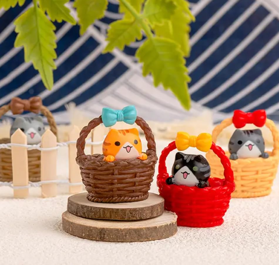 YOUKRARTS.COM Cute Cat Figurines in Decorative Baskets with Bows, Set of 4, Miniature Collectibles