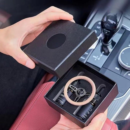 YOURKARTS AC Vent Car Air Freshener Set, Wood and Leather Scent, with Vent Clip, Steering Wheel Design