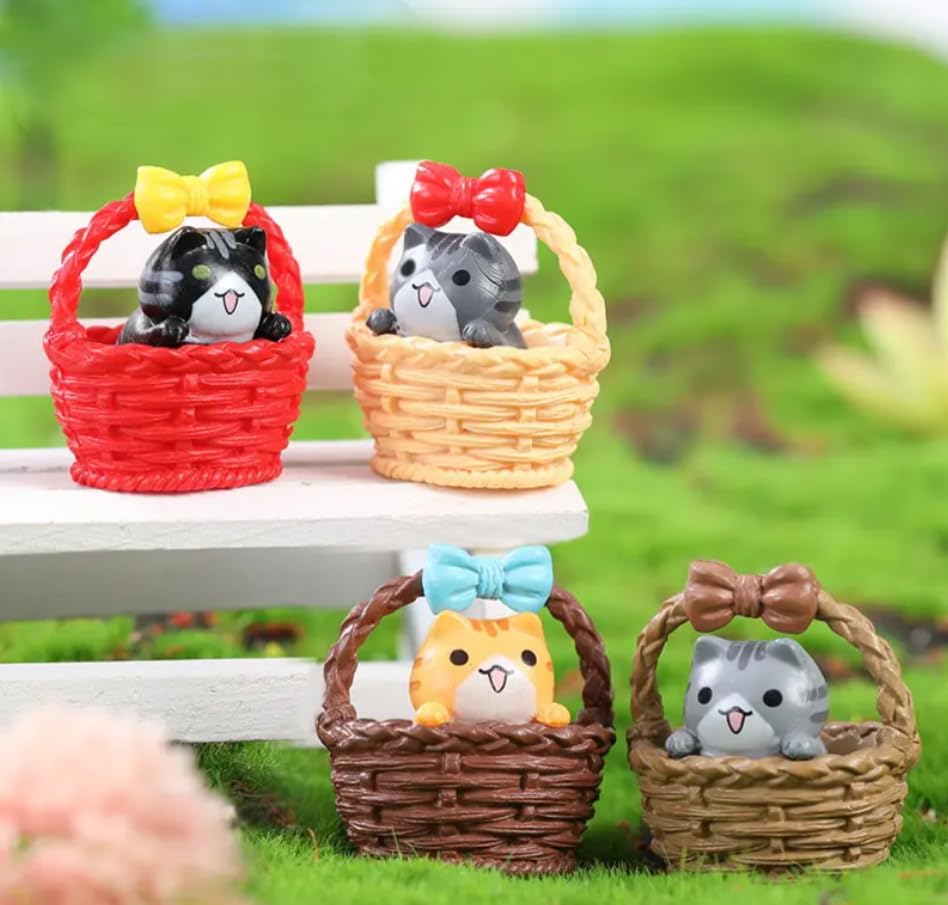 YOUKRARTS.COM Cute Cat Figurines in Decorative Baskets with Bows, Set of 4, Miniature Collectibles