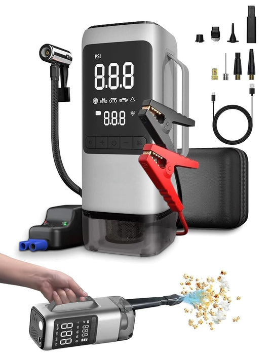 YOURKARTS.COM Q27|10,000 mAh | 4-in-1 Car Emergency Tool – 150 PSI Tyre Inflator, 5000 Pa Vacuum Cleaner & 3000 A Peak Jump Starter | Power Bank with Smart LCD & Safety Protection
