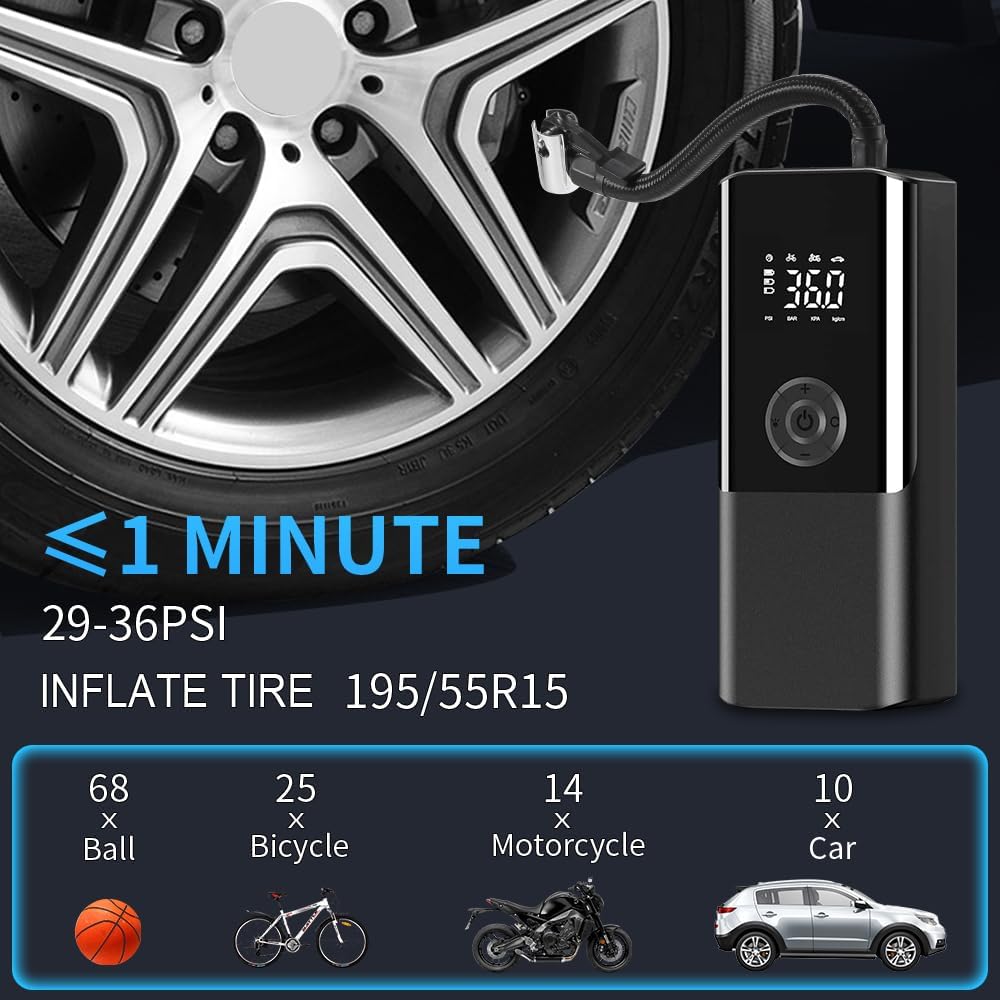 YOURKARTS.COM Tyre inflator Use as Corded & Cordless for Cars & Bikes|150 PSI|4500 MAH Battery|LED Flash Light|Mobile Charger C Port|Digital Display|Multiple Nozzles|Auto Cut|18 Months Warranty