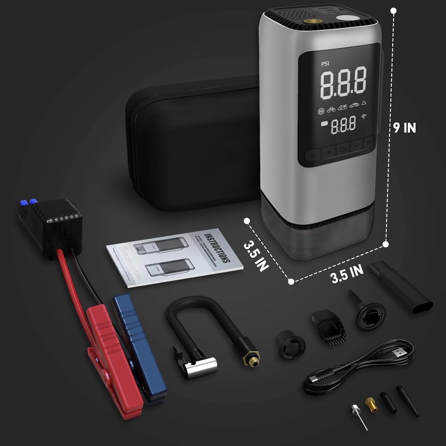 YOURKARTS.COM Q27|10,000 mAh | 4-in-1 Car Emergency Tool – 150 PSI Tyre Inflator, 5000 Pa Vacuum Cleaner & 3000 A Peak Jump Starter | Power Bank with Smart LCD & Safety Protection
