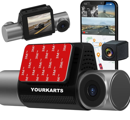 YOURKARTS.COM T800 Touch Screen Triple Camera 4K Dual Dash Cam WiFi, ADAS, G-Sensor, Parking Monitor, Loop Recording, 170° Wide-Angle Lens – Fron,Cabin and Rear Cameras | 18 Months Warranty