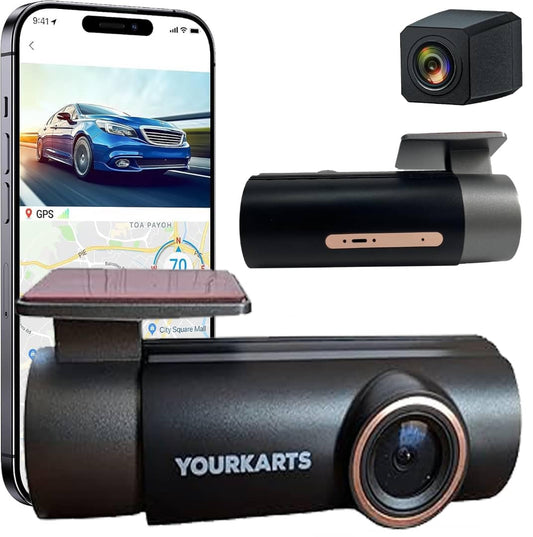 YOURKARTS.COM L33 Plus Dash Camera – Dual 1080P Front and Rear Recording with WiFi, App Connectivity, G-Sensor, GPS Support, and Loop Recording