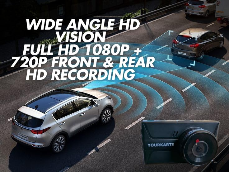 YOURKARTS.COM T968 Pro Dual Dash Camera – Full HD 1080P + 720P Front & Rear Camera with 3-Inch IPS Display,G-Sensor, and Night Vision-18 Months Warranty