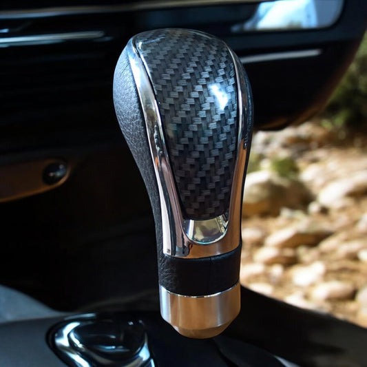 YOURKARTS.COM Premium Carbon Fiber Gear Shift Knob, Black Leather Trim with Chrome Accent, Universal Fit (0536 Carbon Finish)