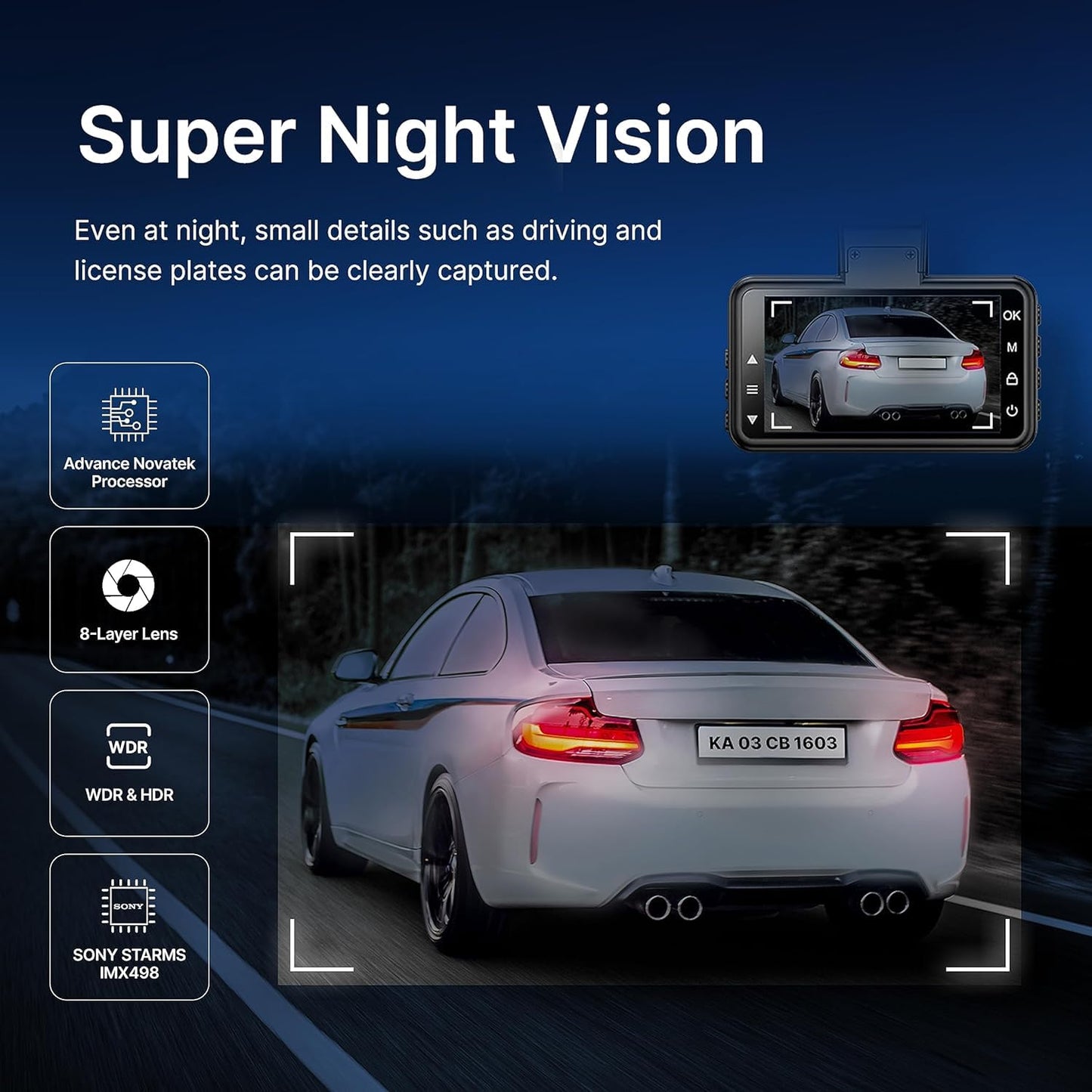 YOURKARTS.COM M18 4K Front 4MP REAR2MP with 3" Screen, ADAS, BSD, GPS Logger, WiFi, Night Vision, Rear Camera, Loop Recording, WDR, G-Sensor, 256GB Support – 18-Month Warranty