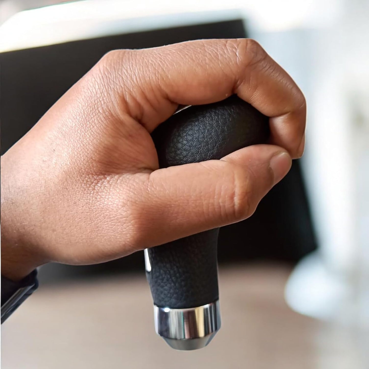 YOURKARTS.COM Premium Carbon Fiber Gear Shift Knob, Black Leather Trim with Chrome Accent, Universal Fit (0536 Carbon Finish)