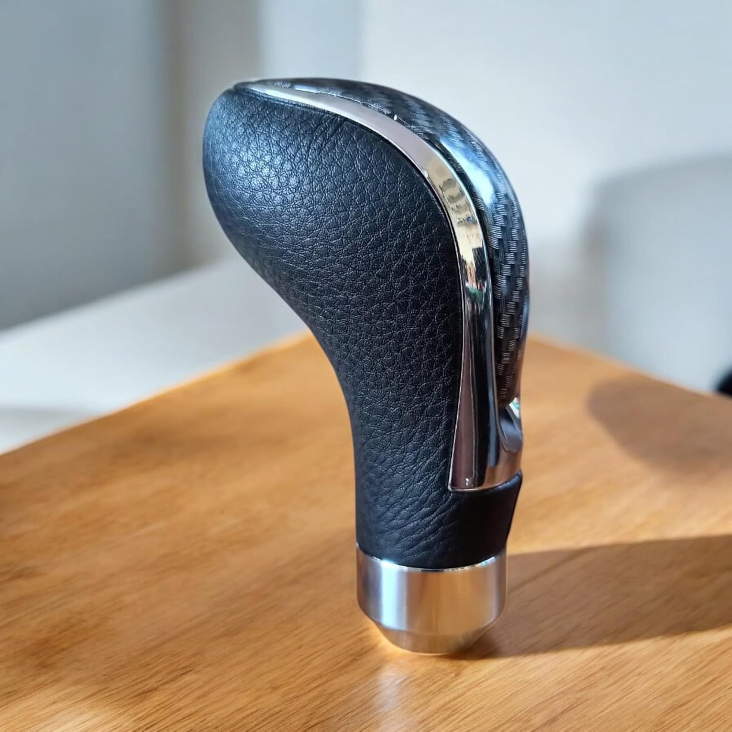 YOURKARTS.COM Premium Carbon Fiber Gear Shift Knob, Black Leather Trim with Chrome Accent, Universal Fit (0536 Carbon Finish)