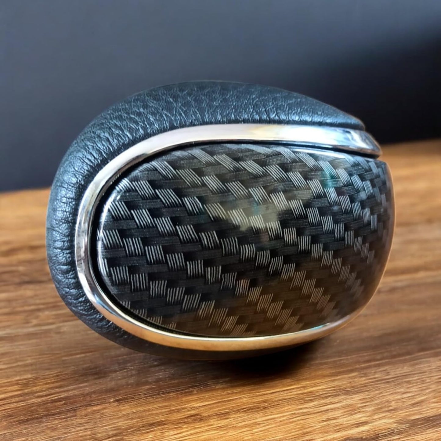 YOURKARTS.COM Premium Carbon Fiber Gear Shift Knob, Black Leather Trim with Chrome Accent, Universal Fit (0536 Carbon Finish)