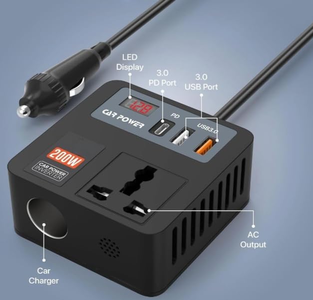 YOURKARTS.COM 200W Car Power Inverter 12V DC to 220V AC Converter with 3 USB Ports|6.2A Max|1 Type-C Fast Charging Port | Car Laptop Charger Power Adapter for Mobile|Gadgets LCD Display