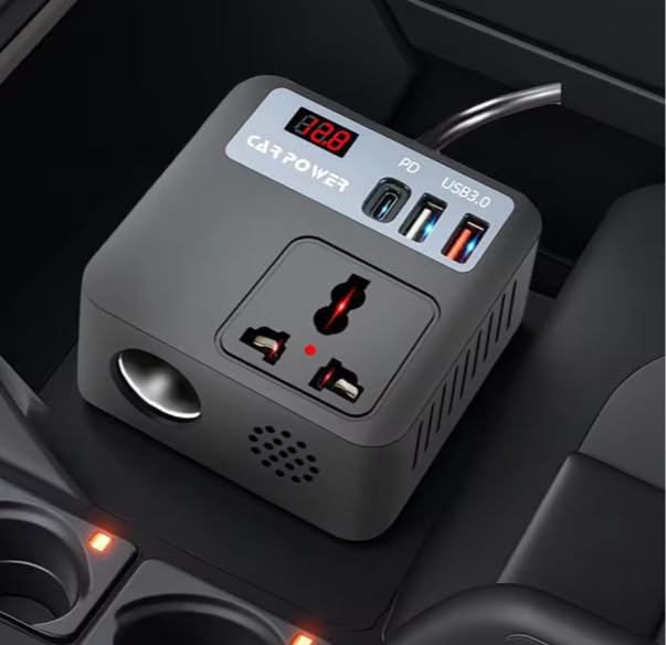 YOURKARTS.COM 200W Car Power Inverter 12V DC to 220V AC Converter with 3 USB Ports|6.2A Max|1 Type-C Fast Charging Port | Car Laptop Charger Power Adapter for Mobile|Gadgets LCD Display