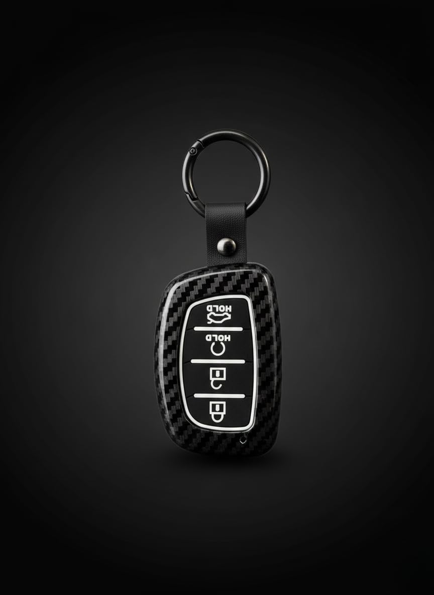 YOURKARTS.COM Car Key Cover Premium Carbon A+ Design Compatible With Hyundai Creta 2024,Creta ev, Alcazar Luxury Waterproof Key Shell & Full Protection 4 Button (Carbon strip)
