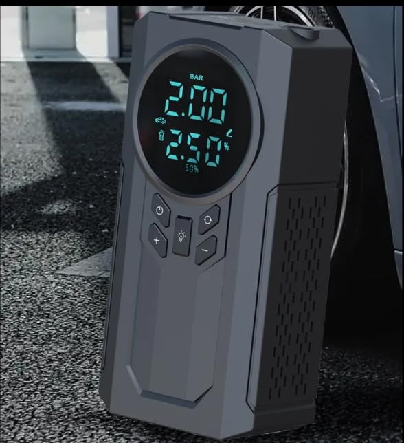 Portable Tyre Inflator with Jump Starter, Rechargeable Air Compressor Emergency Power Pump with LED Light