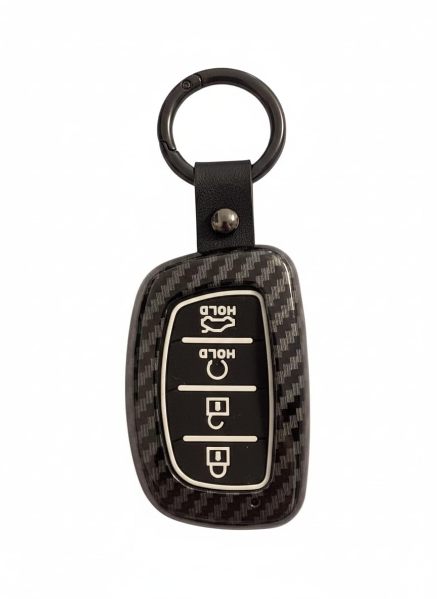 YOURKARTS.COM Car Key Cover Premium Carbon A+ Design Compatible With Hyundai Creta 2024,Creta ev, Alcazar Luxury Waterproof Key Shell & Full Protection 4 Button (Carbon strip)