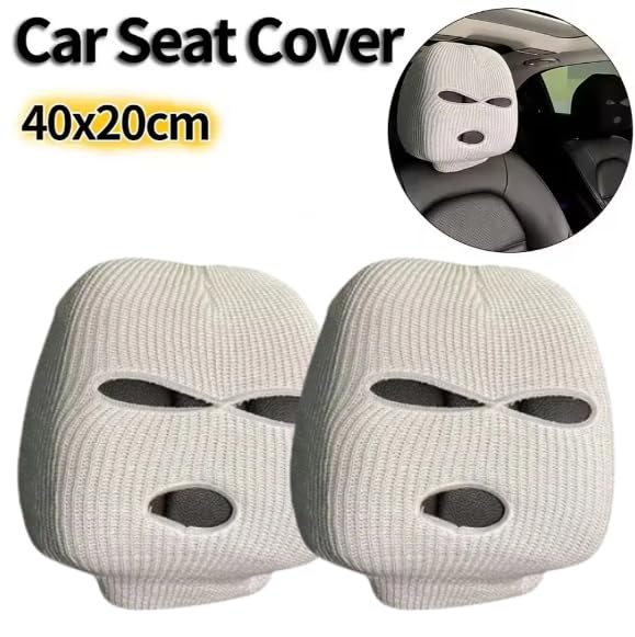 YOURKARTS.COM Car Seat Headrest Full Face Cover – Funny Ski Mask Hat Design with Anti-Ash Protection for Car Seats-White (Pack of 2-White)