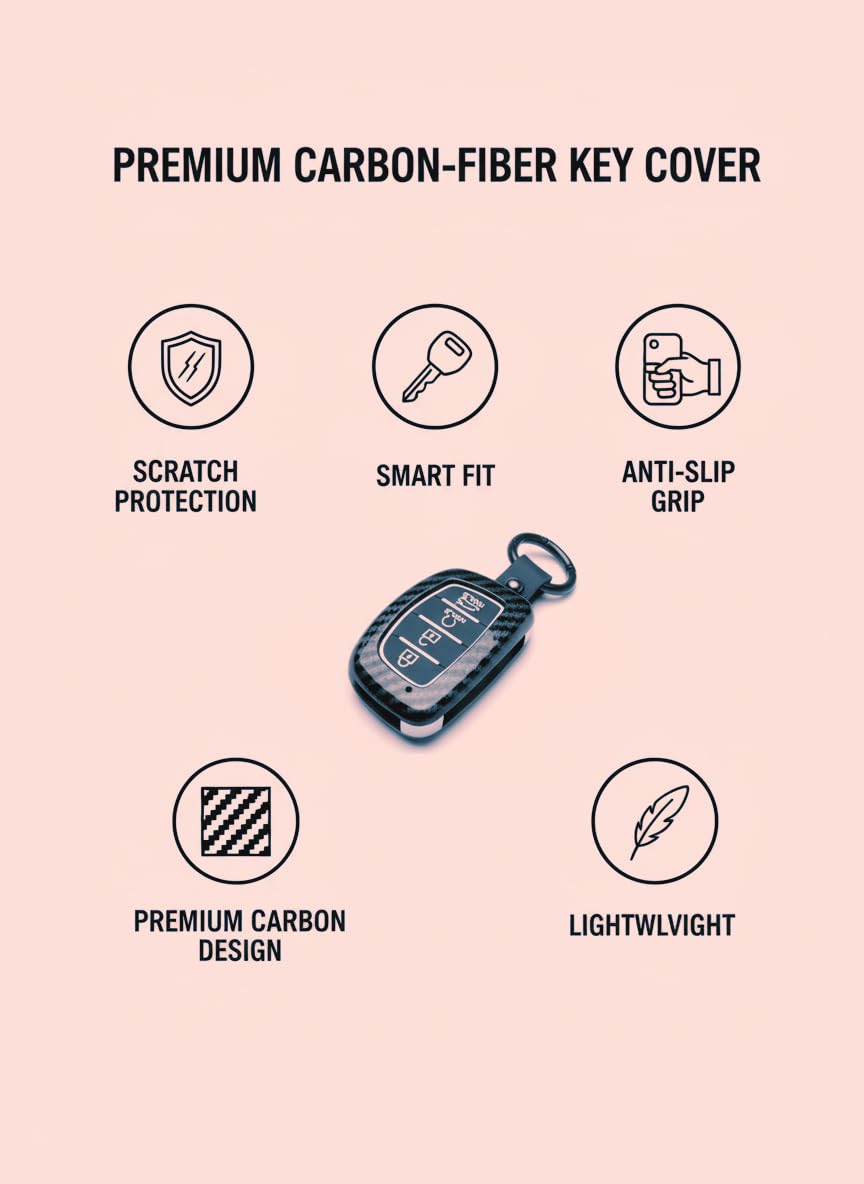 YOURKARTS.COM Car Key Cover Premium Carbon A+ Design Compatible With Hyundai Creta 2024,Creta ev, Alcazar Luxury Waterproof Key Shell & Full Protection 4 Button (Carbon strip)