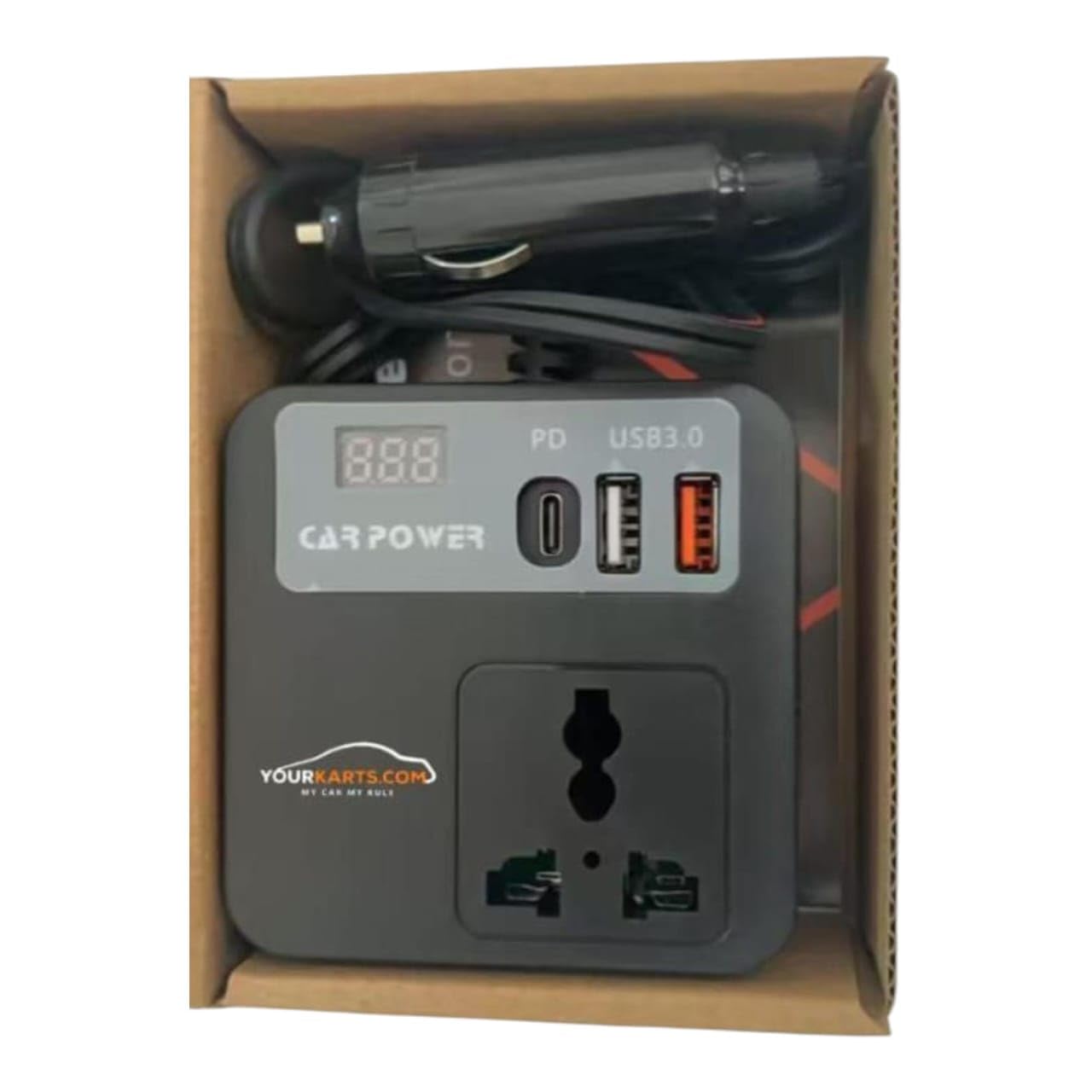 YOURKARTS.COM 200W Car Power Inverter 12V DC to 220V AC Converter with 3 USB Ports|6.2A Max|1 Type-C Fast Charging Port | Car Laptop Charger Power Adapter for Mobile|Gadgets LCD Display