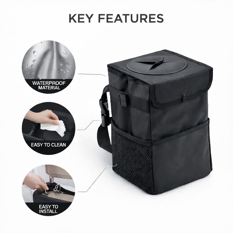 Car Trash Bin Holder Dustbin Foldable, Car Trunk Storage Bag Leakproof with Side Mesh Pockets