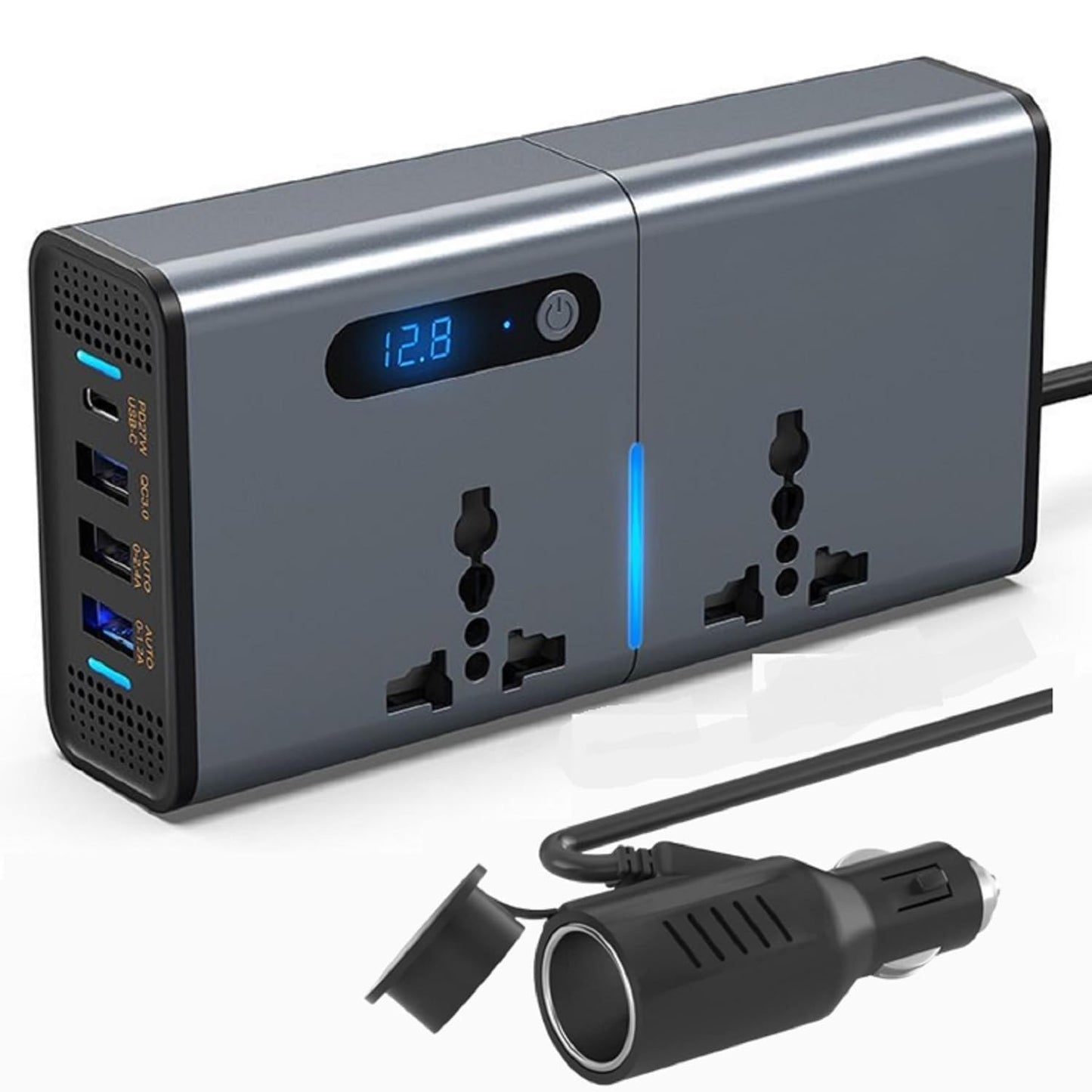 YOURKARTS.COM Heavy Duty 200W Car Power Inverter Laptop Charger with 3 USB (6.2A Max) & 1 C Type Fast USB Charging Ports/2 AC Universal Outlets 12V DC to 220V AC Car Adapter/LCD Digital Display
